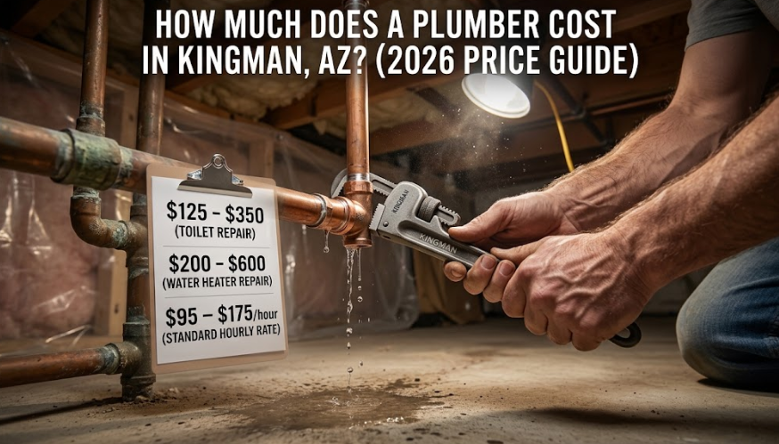 Plumber working on pipes with price guide text overlay for Kingman AZ plumbing costs